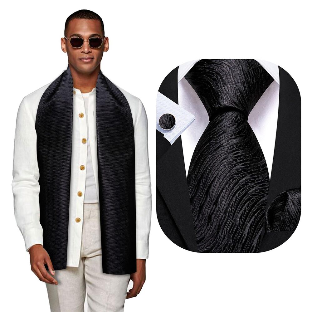 1272 Black Scarf and Tie Stripe Silk Necktie Pocket Square Cufflinks Formal